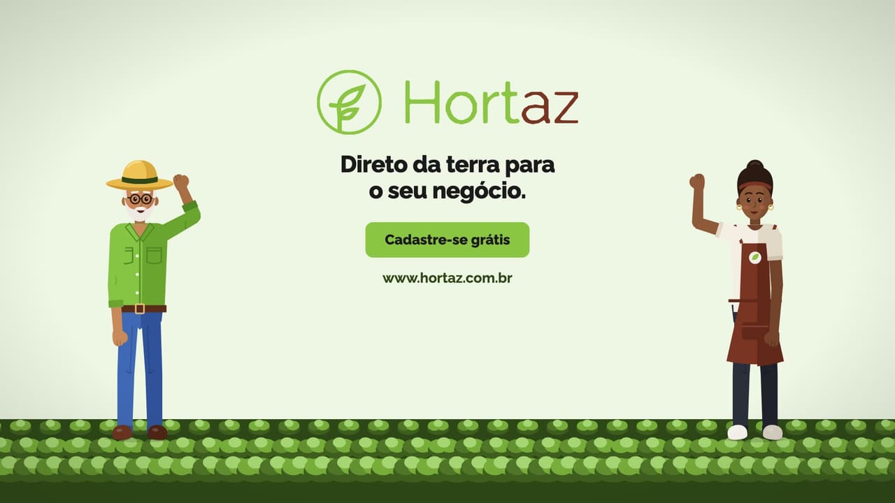 Quadro final do filme Como funciona com o logo da Hortaz, a frase Direto da terra para o seu negócio e o produtor e a dona do hortifrúti acenando